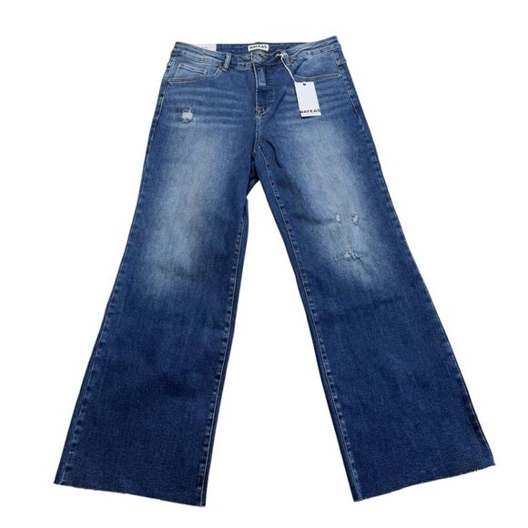 BAYEAS High Rise Wide Leg Raw Hem Mild Distressing Jeans Blue Sz 16W NWT - Picture 1 of 14